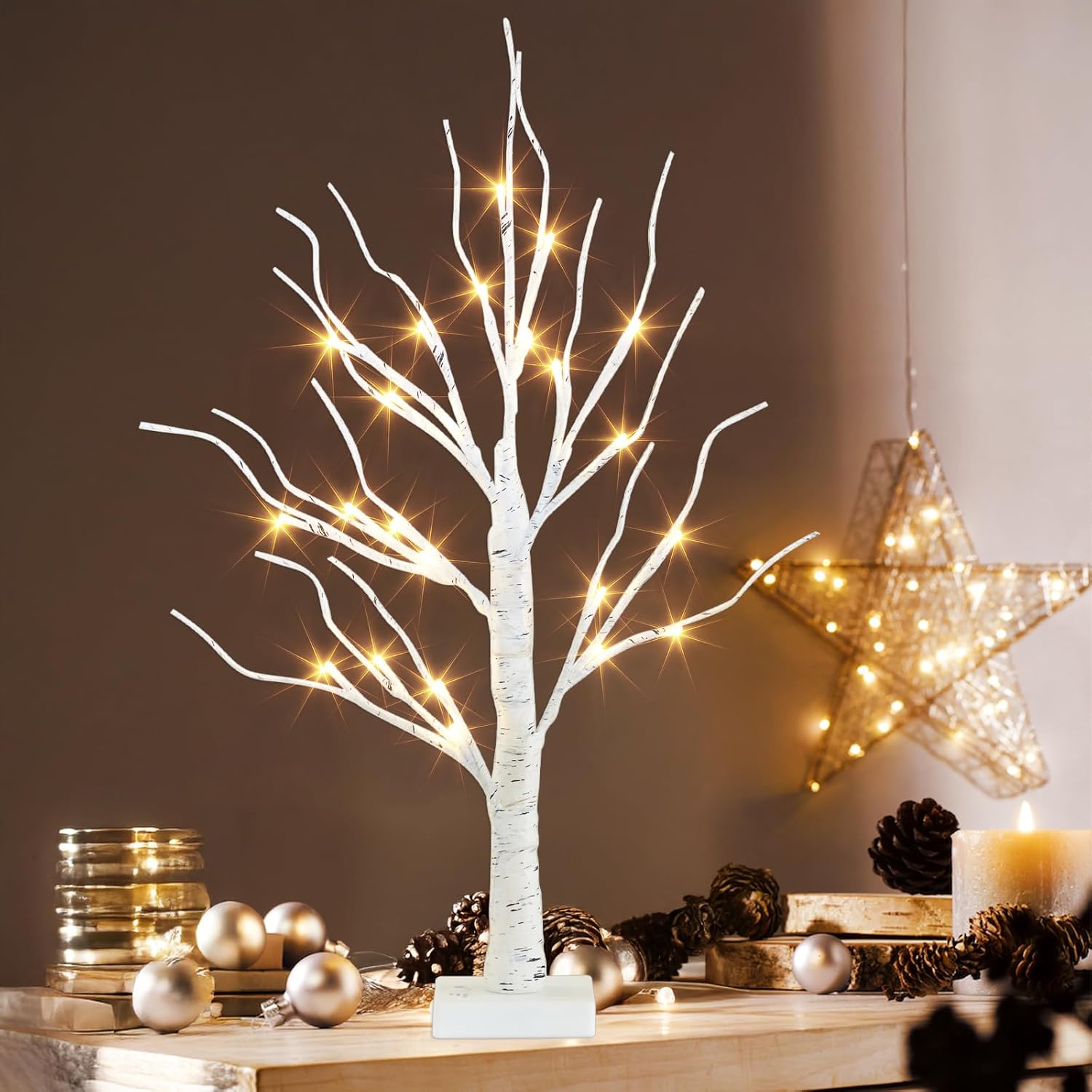 PEIDUO Artificial Tree for Christmas Decorations, 2FT Birch Tree with LED Lights, Warm White Fairy Lights Spirit Tree Lamp for Home Indoor Tabletop Centerpiece, Battery Powered, Timer